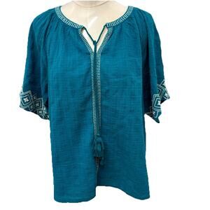 Boho Teal Embroidered Peasant Blouse, Chico’s Sz 1, Tassel Tie, Gypsy Tunic